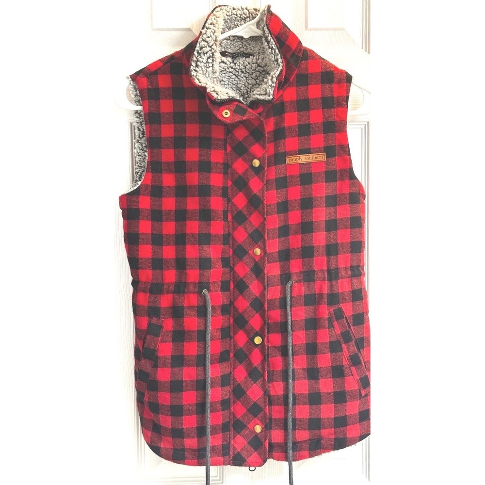 Simply Southern Red Black Buffalo Plaid Sherpa Lined Vest Small Adjustable Waist
